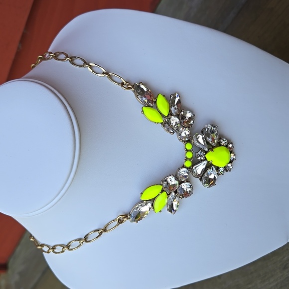 J Crew Gold (Brass Tone ?) and Neon Green Statement Crystal Necklace - Picture 1 of 13